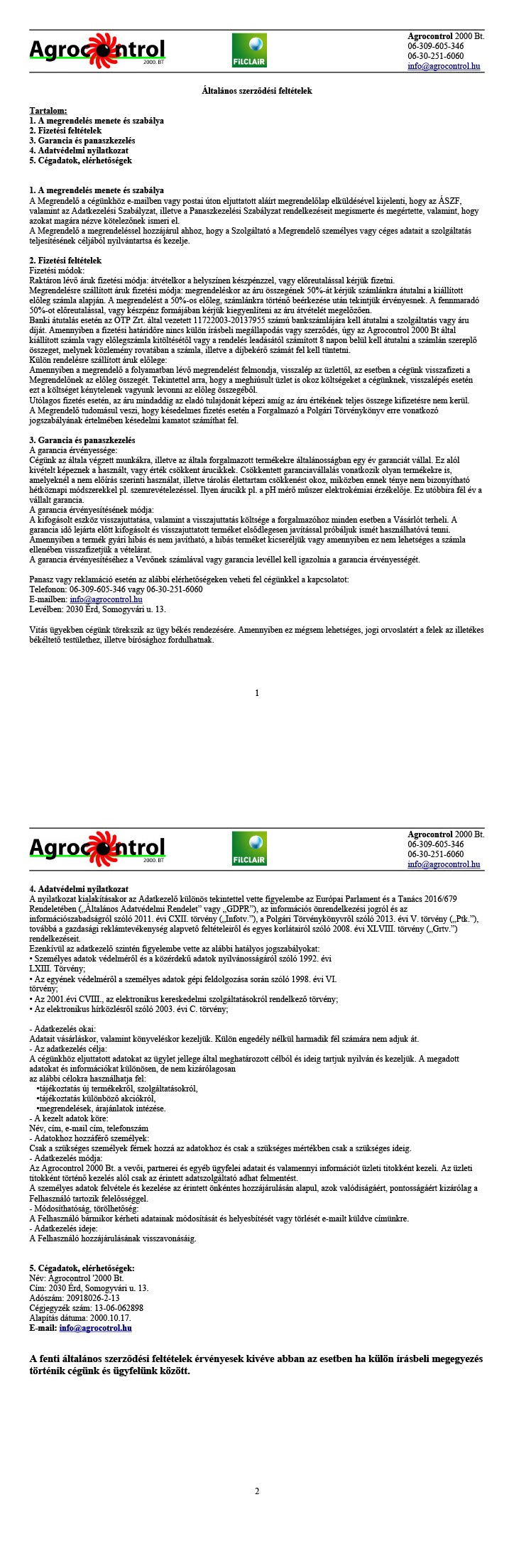 ÁSZF Agrocontrol 2000 Bt